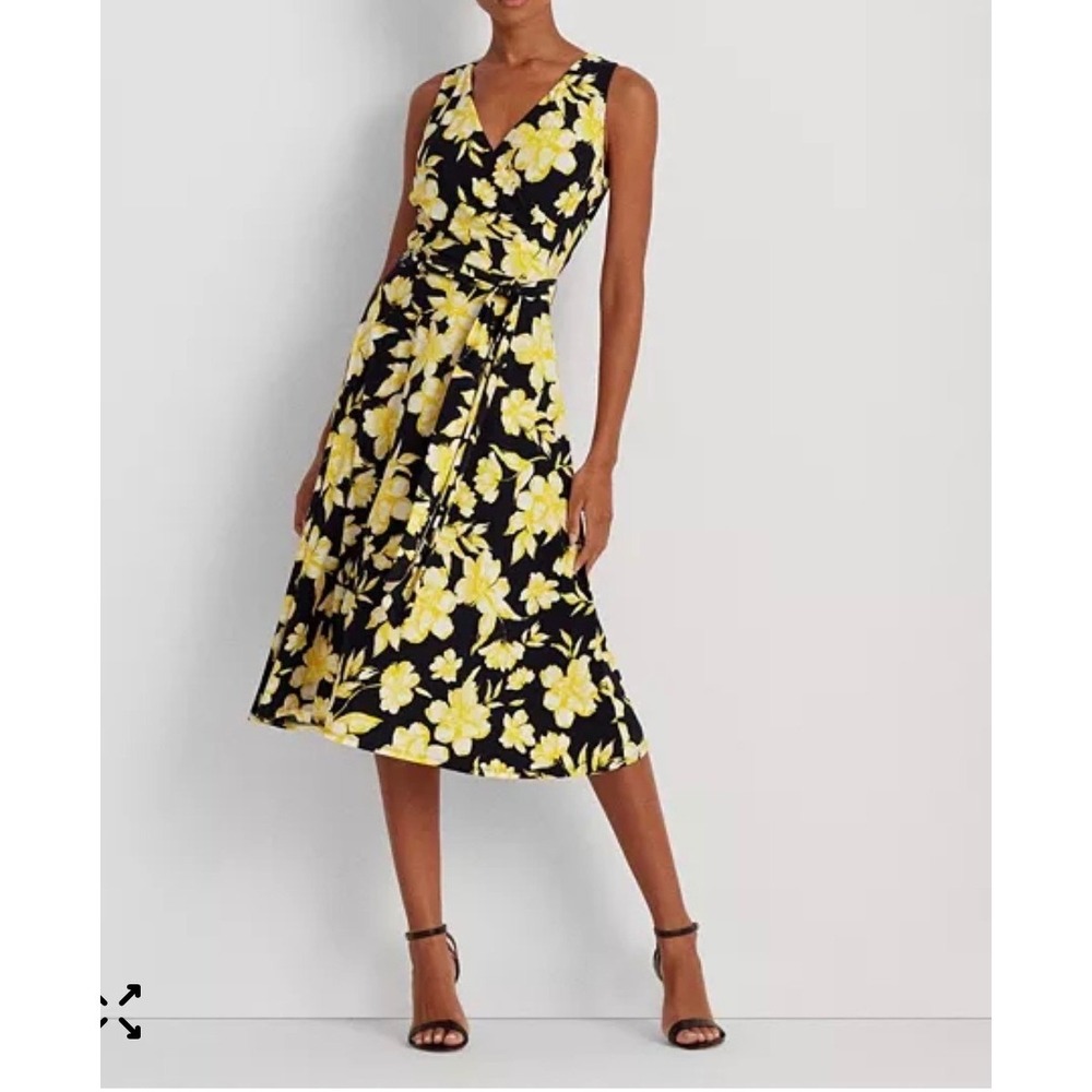 Lauren Ralph Lauren‎ Faux Wrap Dress sz 14 Navy Yellow Floral Midi jersey 90s